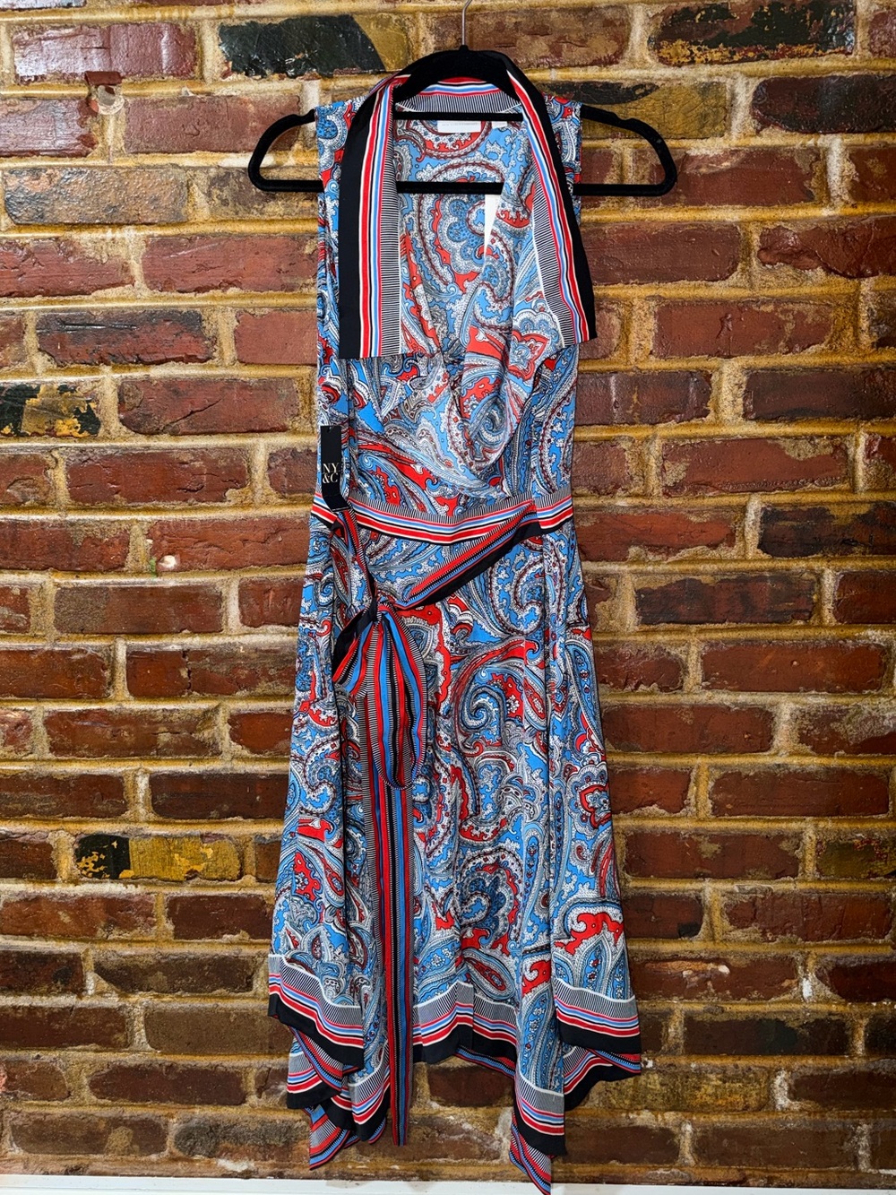 NEW YORK & COMPANY Sleeveless Paisley Fit-and-Flare Dress in Blue & Red, Size 14